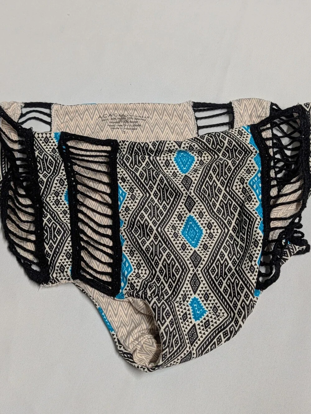acacia swimwear Black & White Geometric Bikini Bottom with Teal Accents Size S